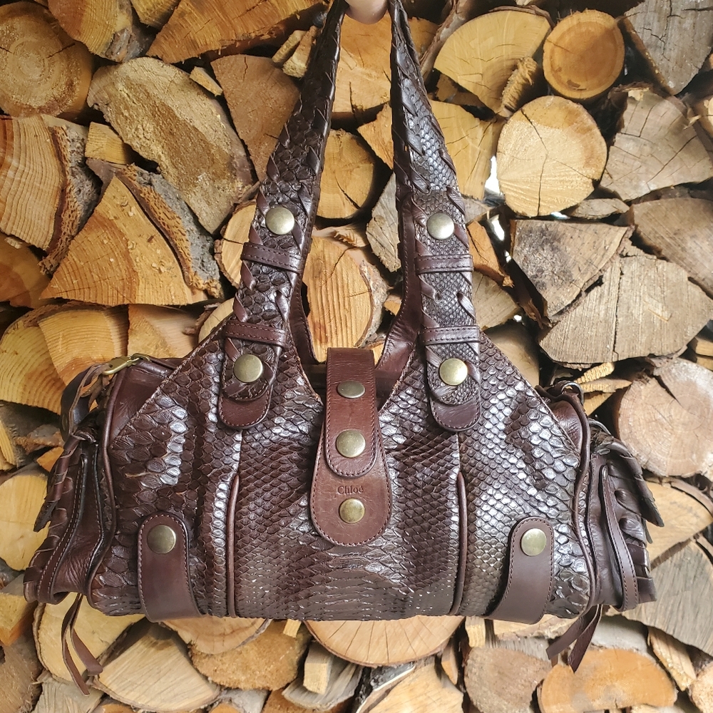 Chloe Textured Brown Shoulder Bag with Gold Accents - Picture 2 of 15